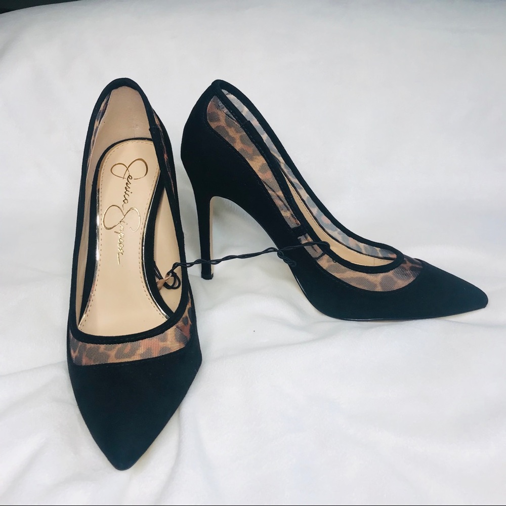 Jessica Simpson black with animal print heels